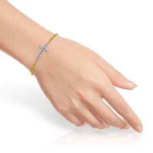 0.18 Carat 14K Solid Yellow Gold Cross Bracelet Natural Diamond