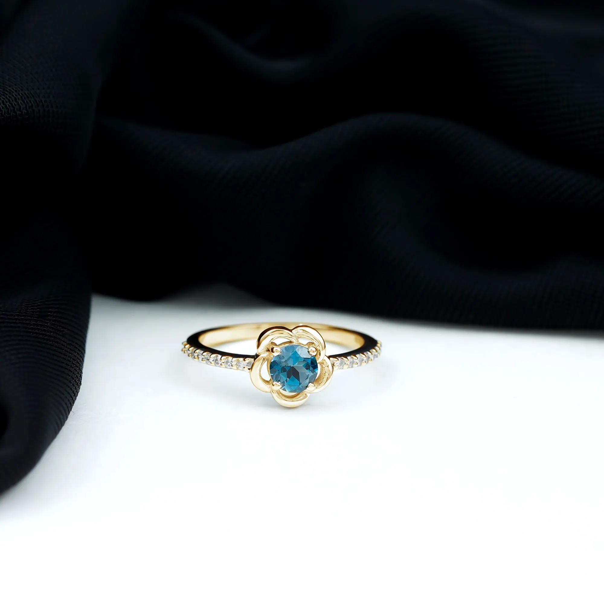 1/2 CT Floral London Blue Topaz and Diamond Promise Ring