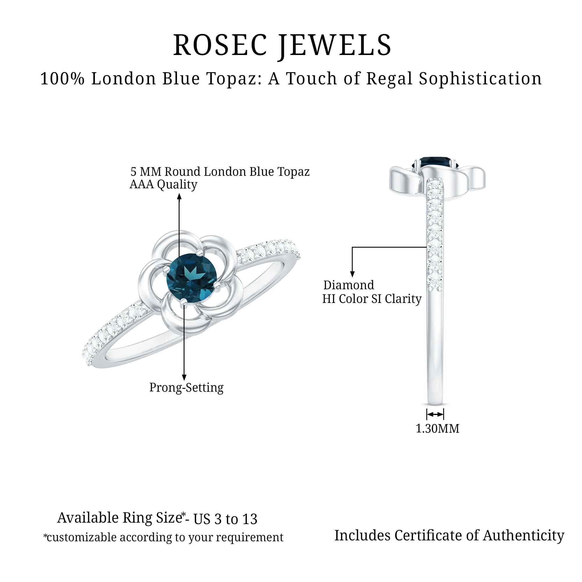 1/2 CT Floral London Blue Topaz and Diamond Promise Ring