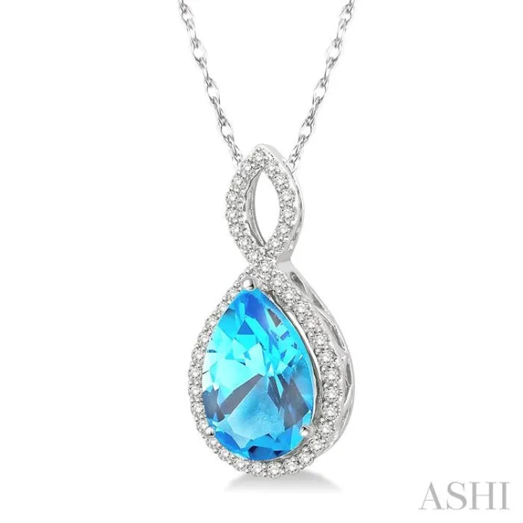 1/4 Ctw Round Cut Diamond and Entwined Pear Cut 12x8 MM Blue Topaz Semi Precious Pendant in 10K White Gold with chain