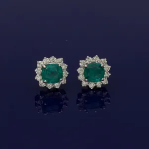 14ct White Gold Emerald & Diamond Cluster Earrings