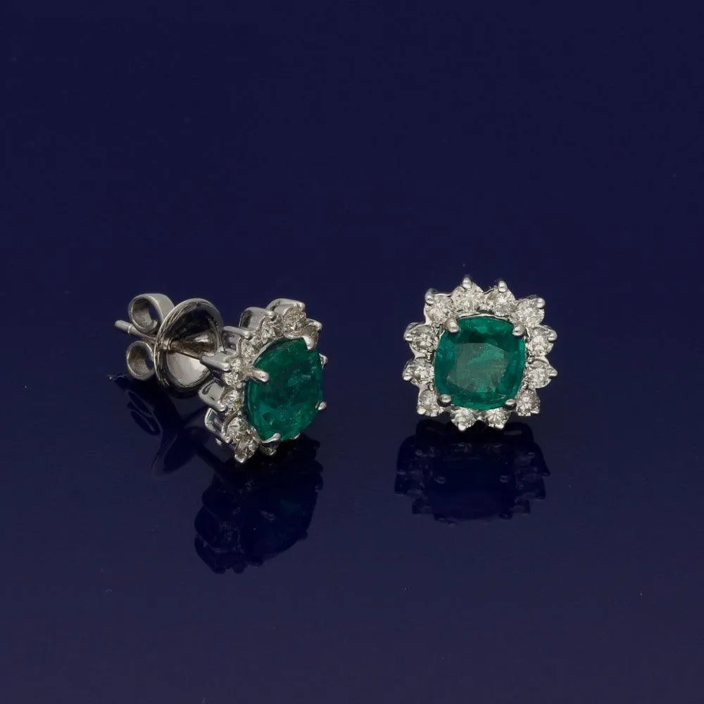 14ct White Gold Emerald & Diamond Cluster Earrings