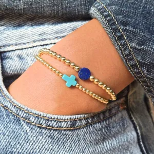 14k Gold-Filled Bracelet Set w Turquoise Cross & Lapis Disc Stretch to Fit