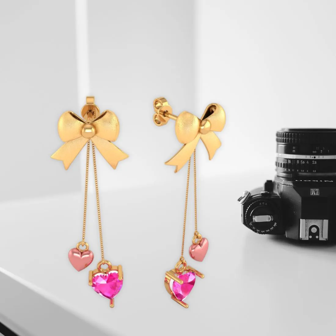 14k Gold Ribbon Bow And Dangling Pink Hearts Earrings