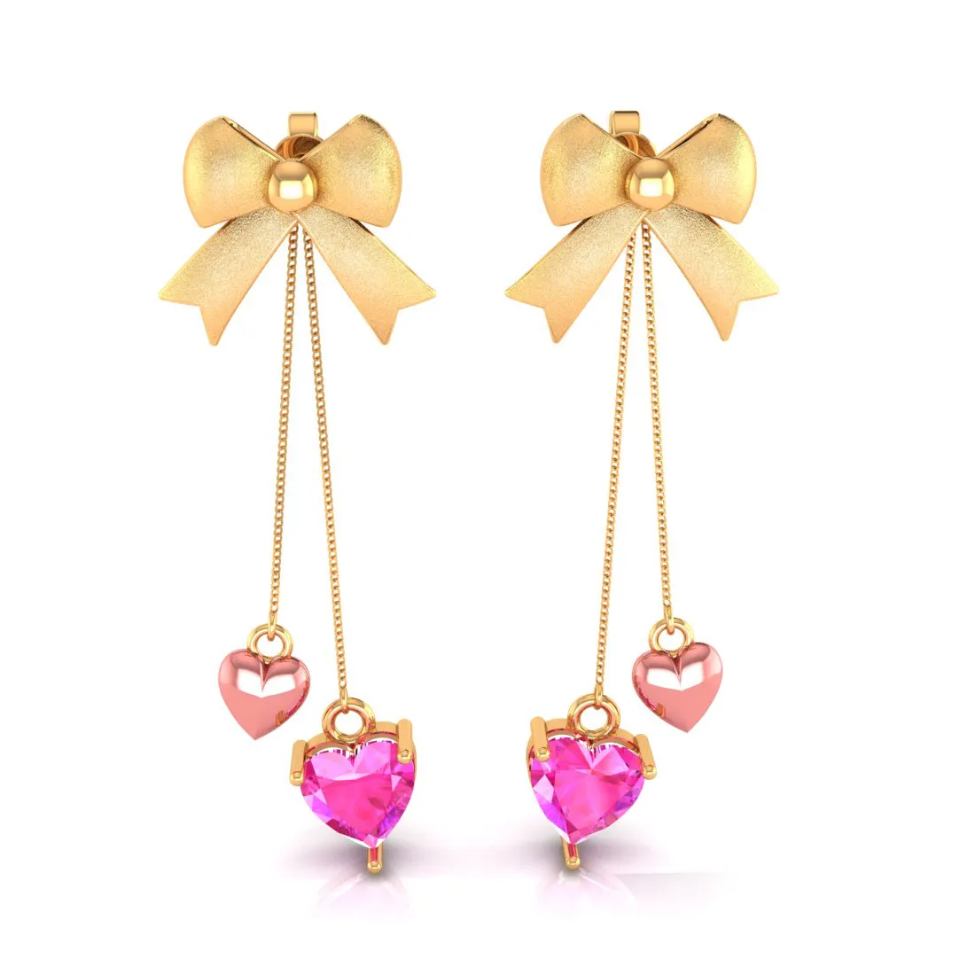 14k Gold Ribbon Bow And Dangling Pink Hearts Earrings