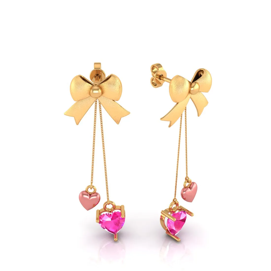 14k Gold Ribbon Bow And Dangling Pink Hearts Earrings