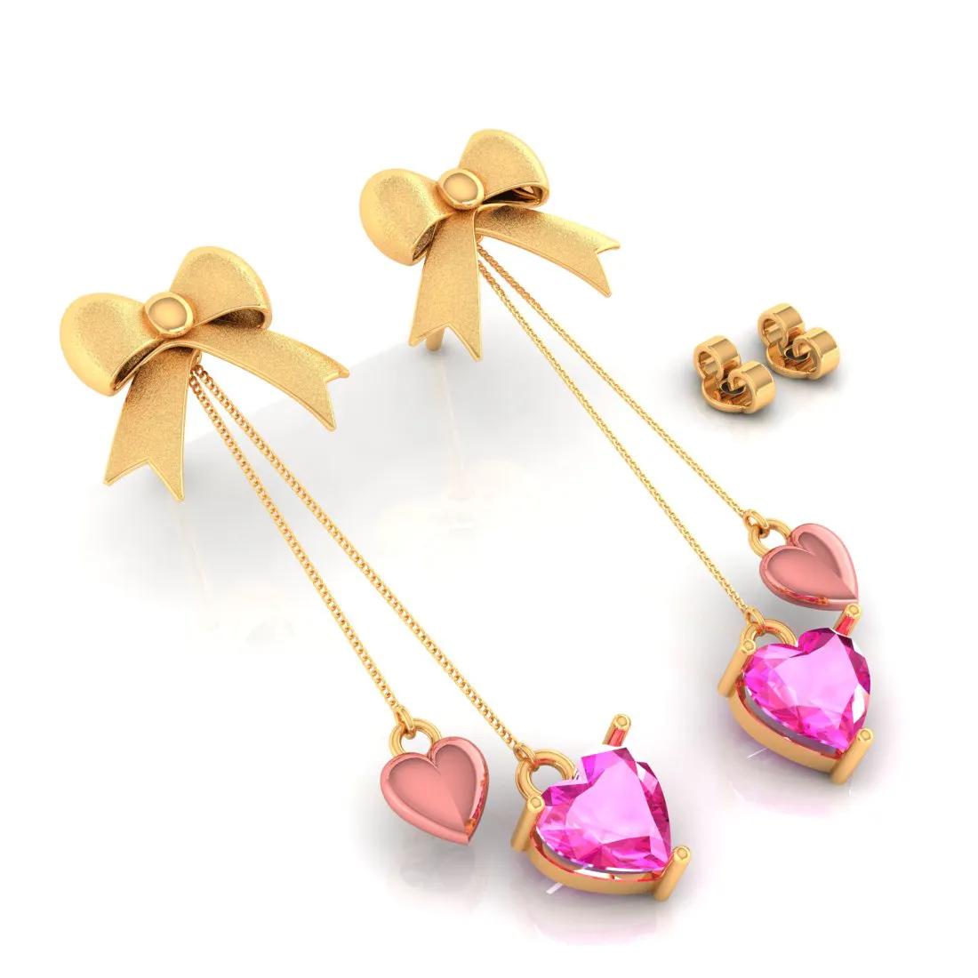 14k Gold Ribbon Bow And Dangling Pink Hearts Earrings