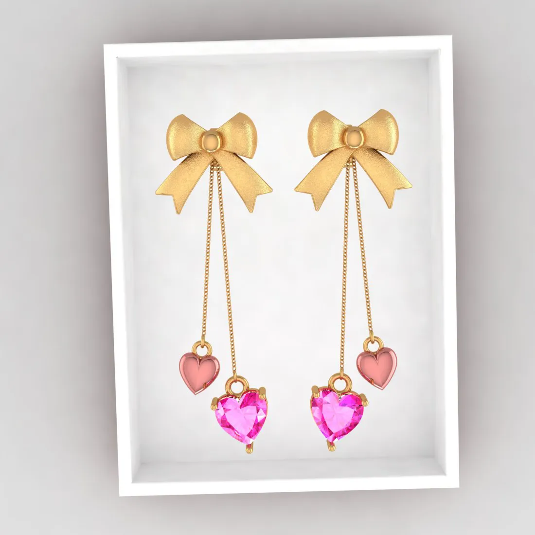 14k Gold Ribbon Bow And Dangling Pink Hearts Earrings