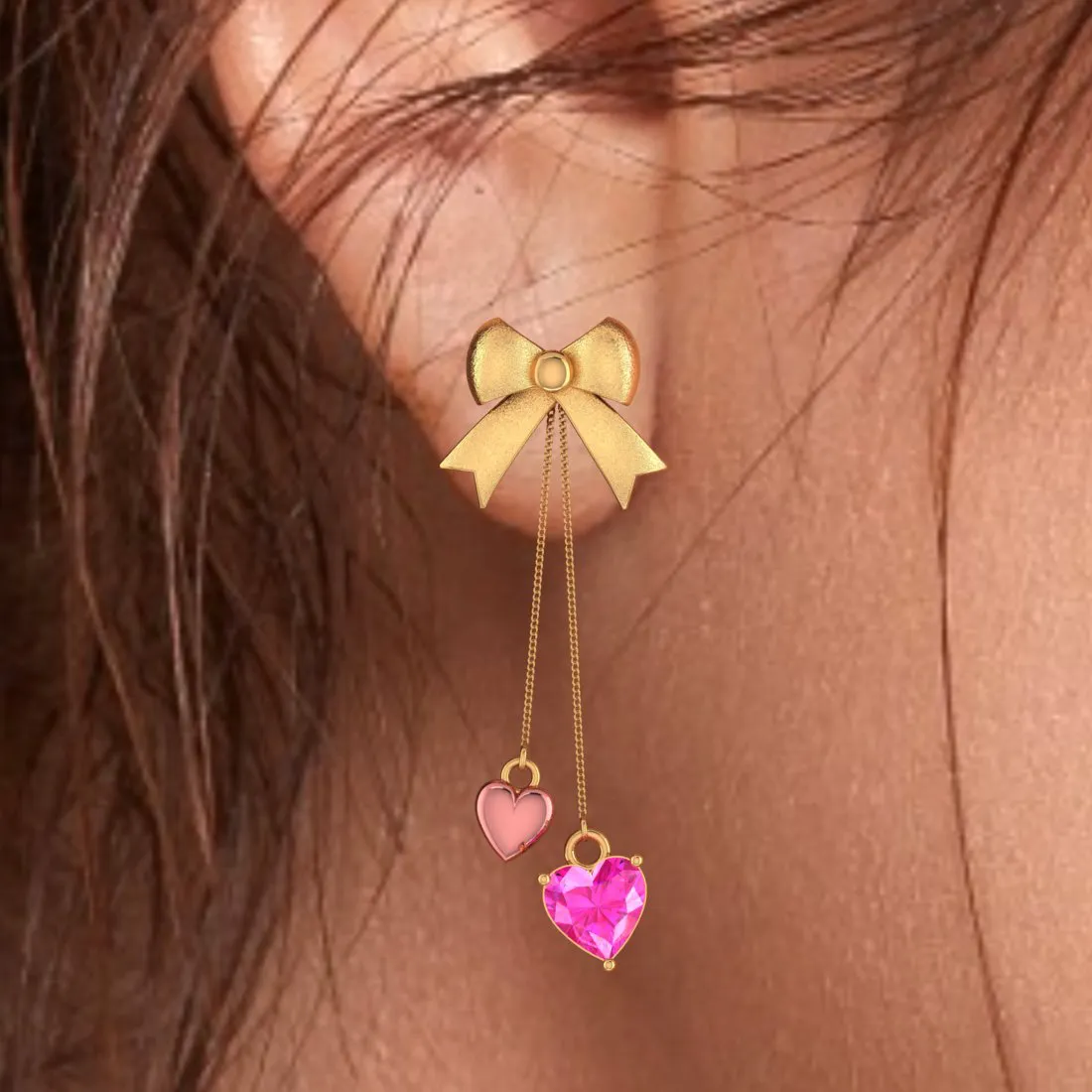 14k Gold Ribbon Bow And Dangling Pink Hearts Earrings