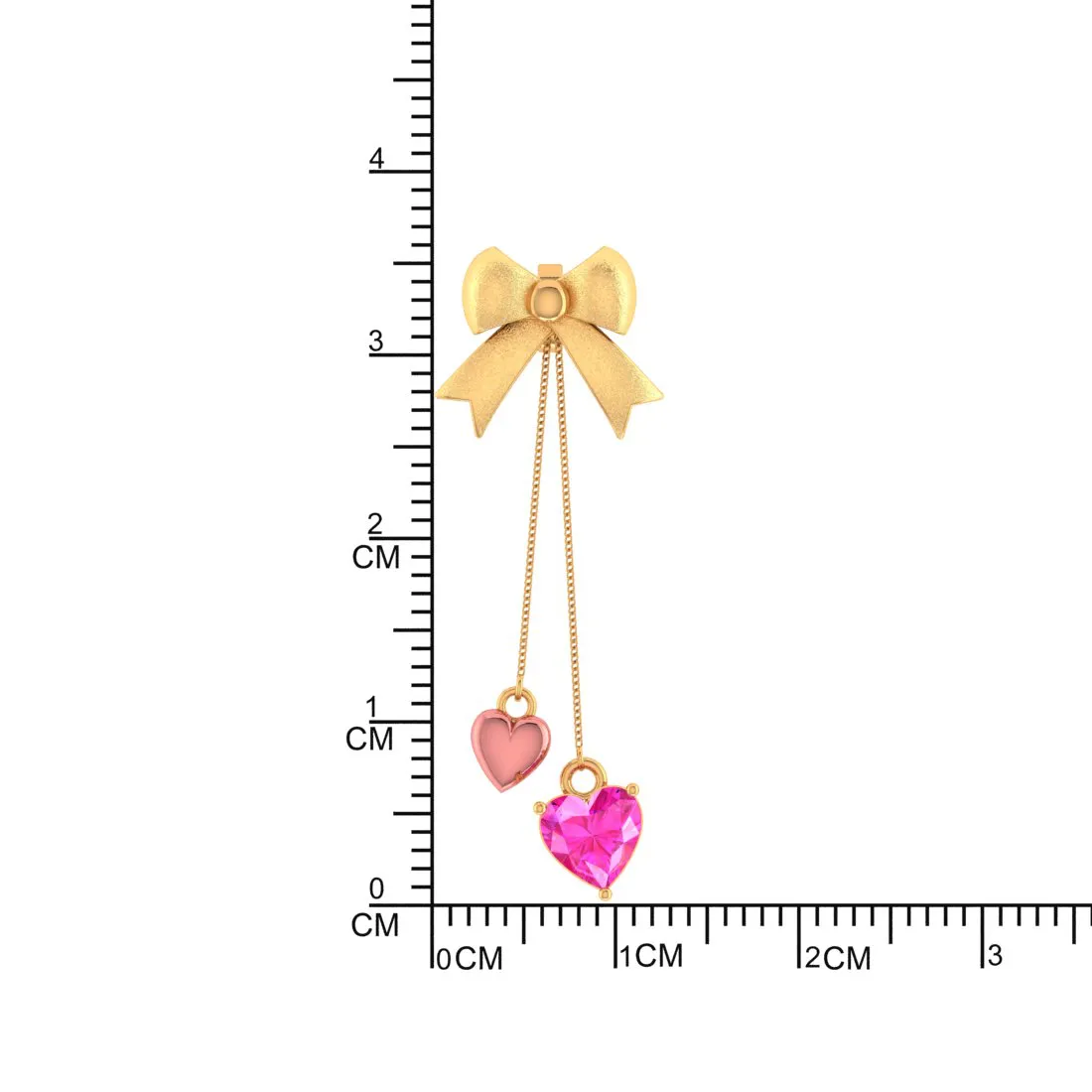 14k Gold Ribbon Bow And Dangling Pink Hearts Earrings