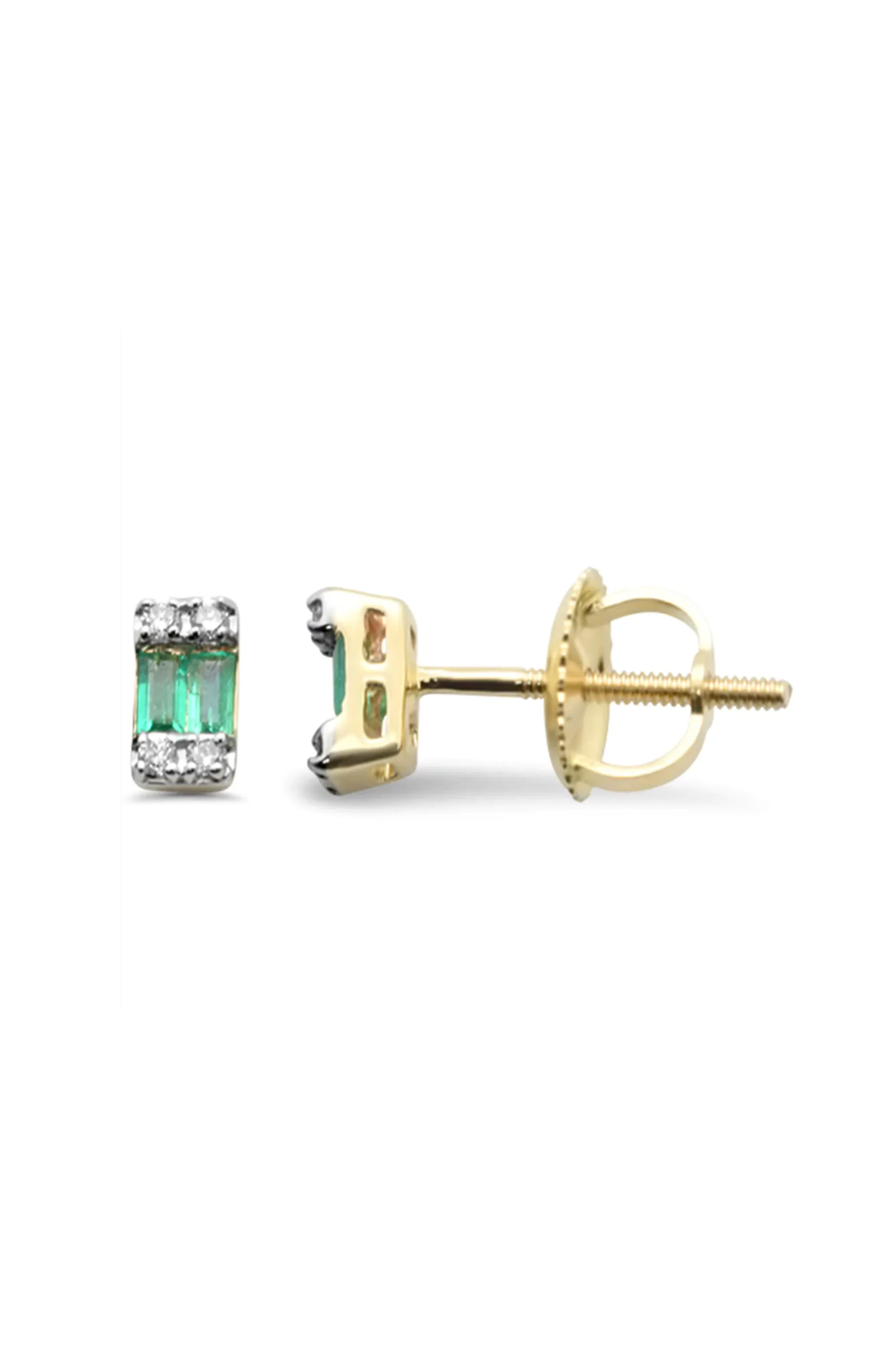 14K Solid Gold Natural Diamond and Emerald Screw Back Stud Earring