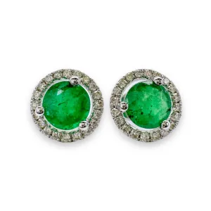 14K W Gold 0.16cttw Diamond and 1.20cttw Emerald Round Halo Earrings