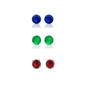 14k White Gold Plated 1Ct Created Blue Sapphire, Emerald and Ruby 3 Pair Round Stud Earrings