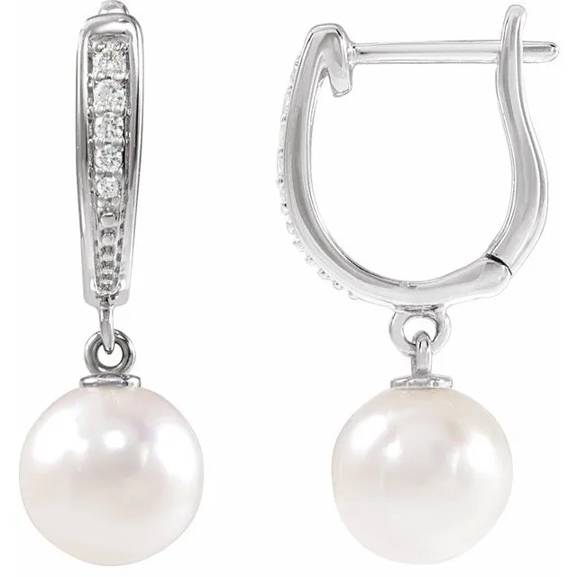 14K White or Yellow Gold Cultured White Akoya Pearl & .03 Natural Diamond Lever Back Earrings