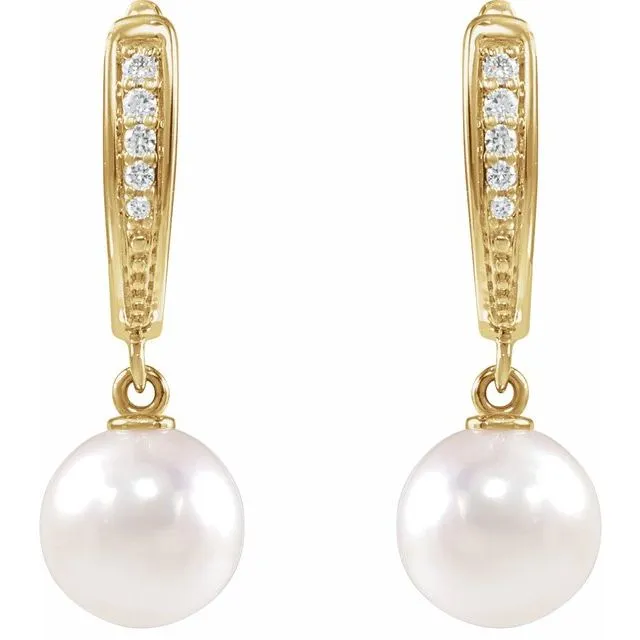 14K White or Yellow Gold Cultured White Akoya Pearl & .03 Natural Diamond Lever Back Earrings