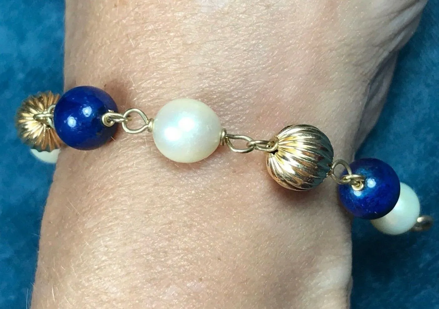 14k Yellow Gold Bracelet w Clown Beads, Royal Blue Lapis & Pearls