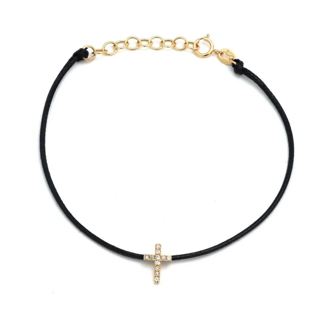 14K Yellow Gold Diamond Cross Black Cord