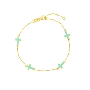 14K Yellow Gold Lt.Turquoise Enamel Crosses Station Bracelet