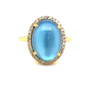 14K Yellow Halo Blue Topaz and Natural Diamond Ring Size 6