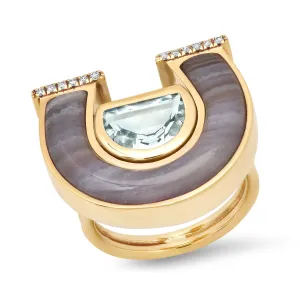 14K YG Medium Topaz, Lace Agate and Diamond Horseshoe Ring