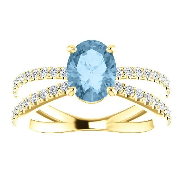 14KT GOLD 1.60 CT SKY BLUE TOPAZ & 1/3 CTW DIAMOND CRISS-CROSS RING