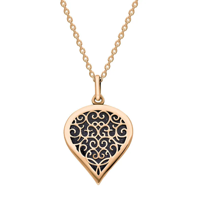 18ct Rose Gold Blue Goldstone Flore Filigree Medium Heart Necklace