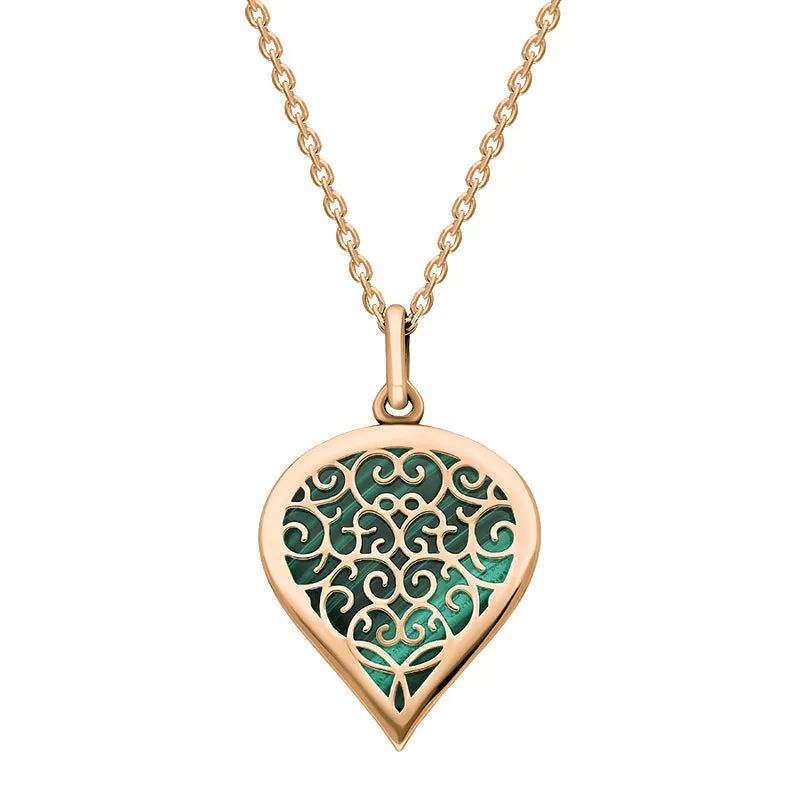 18ct Rose Gold Malachite Flore Filigree Medium Heart Necklace