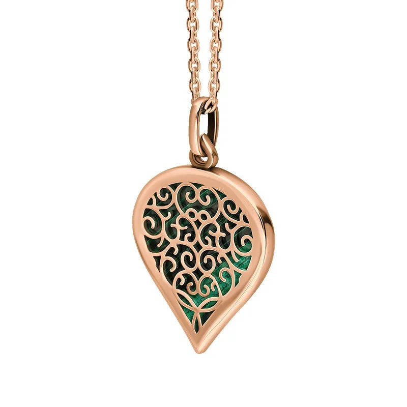 18ct Rose Gold Malachite Flore Filigree Medium Heart Necklace