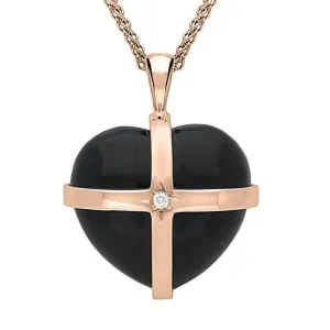 18ct Rose Gold Whitby Jet Diamond Large Cross Heart Necklace