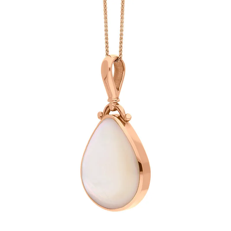 18ct Rose Gold Whitby Jet Mother of Pearl Double Sided Pear Fob Necklace