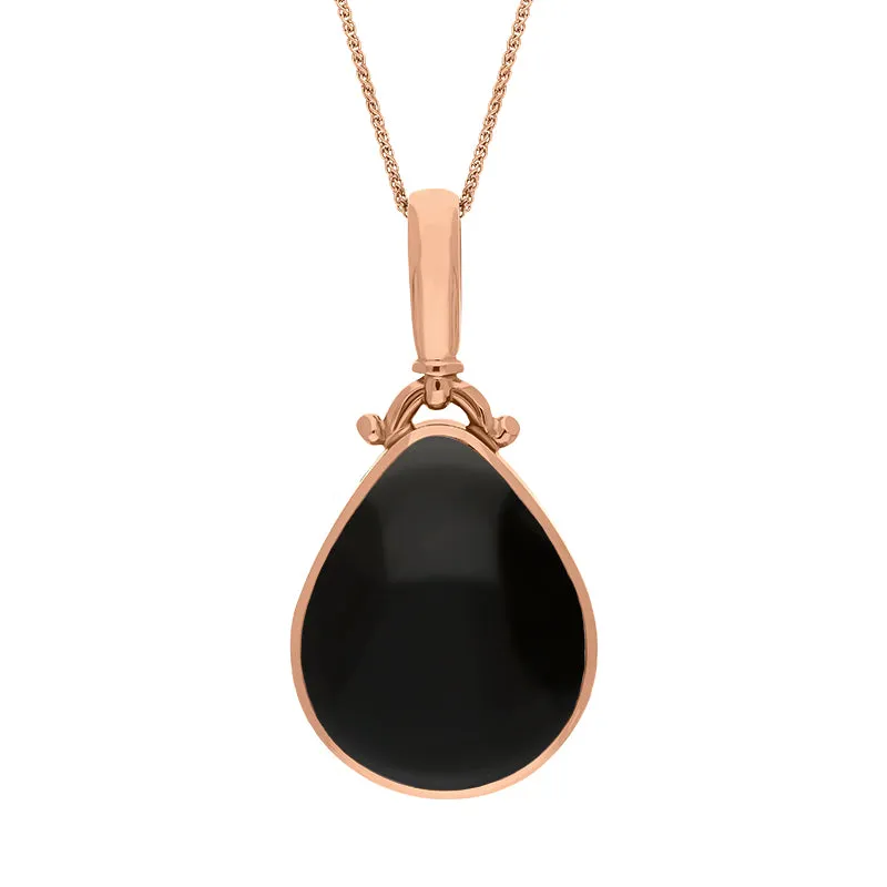 18ct Rose Gold Whitby Jet Mother of Pearl Double Sided Pear Fob Necklace