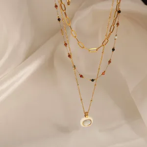 18K gold simple and elegant style stacked necklace with gemstone design