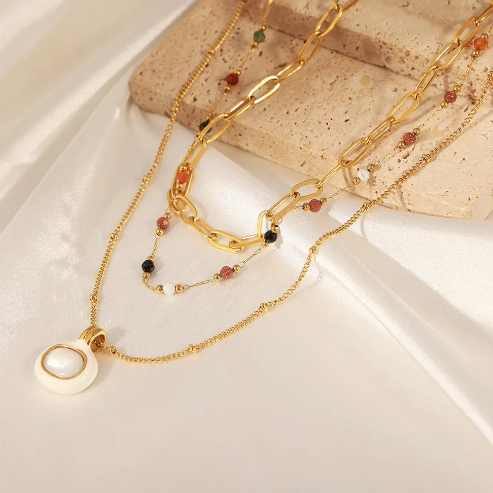 18K gold simple and elegant style stacked necklace with gemstone design