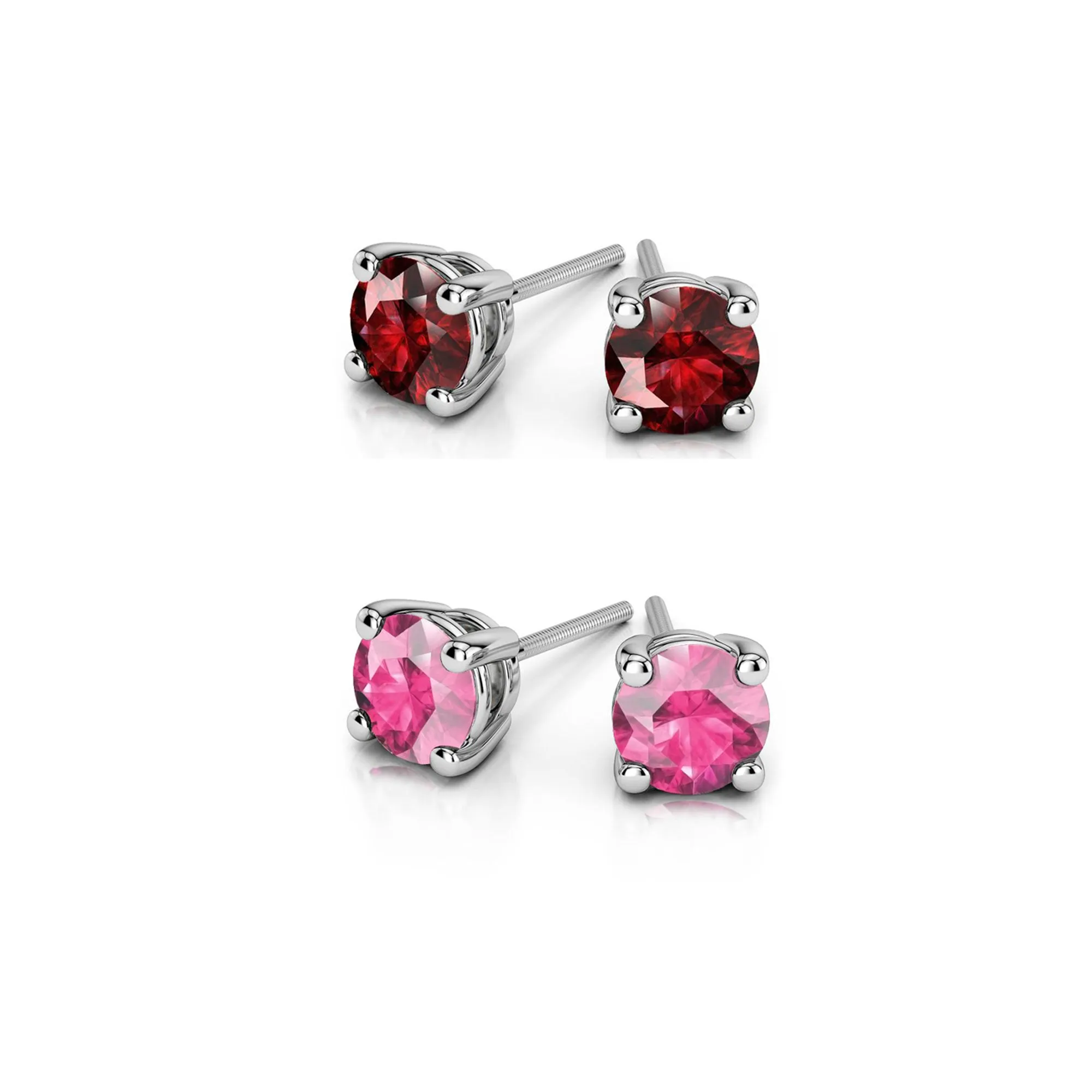 18k White Gold Plated 1/2Ct Created Ruby and Pink Sapphire 2 Pair Round Stud Earrings