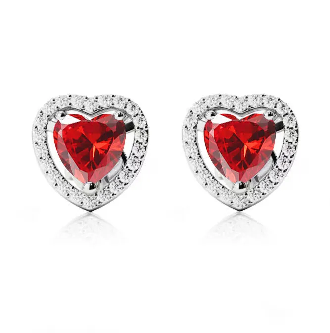 18k White Gold Plated 4 Ct Created Halo Heart Ruby Stud Earrings