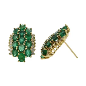 18K Yellow Gold Emerald and Diamond 3 Row Earrings