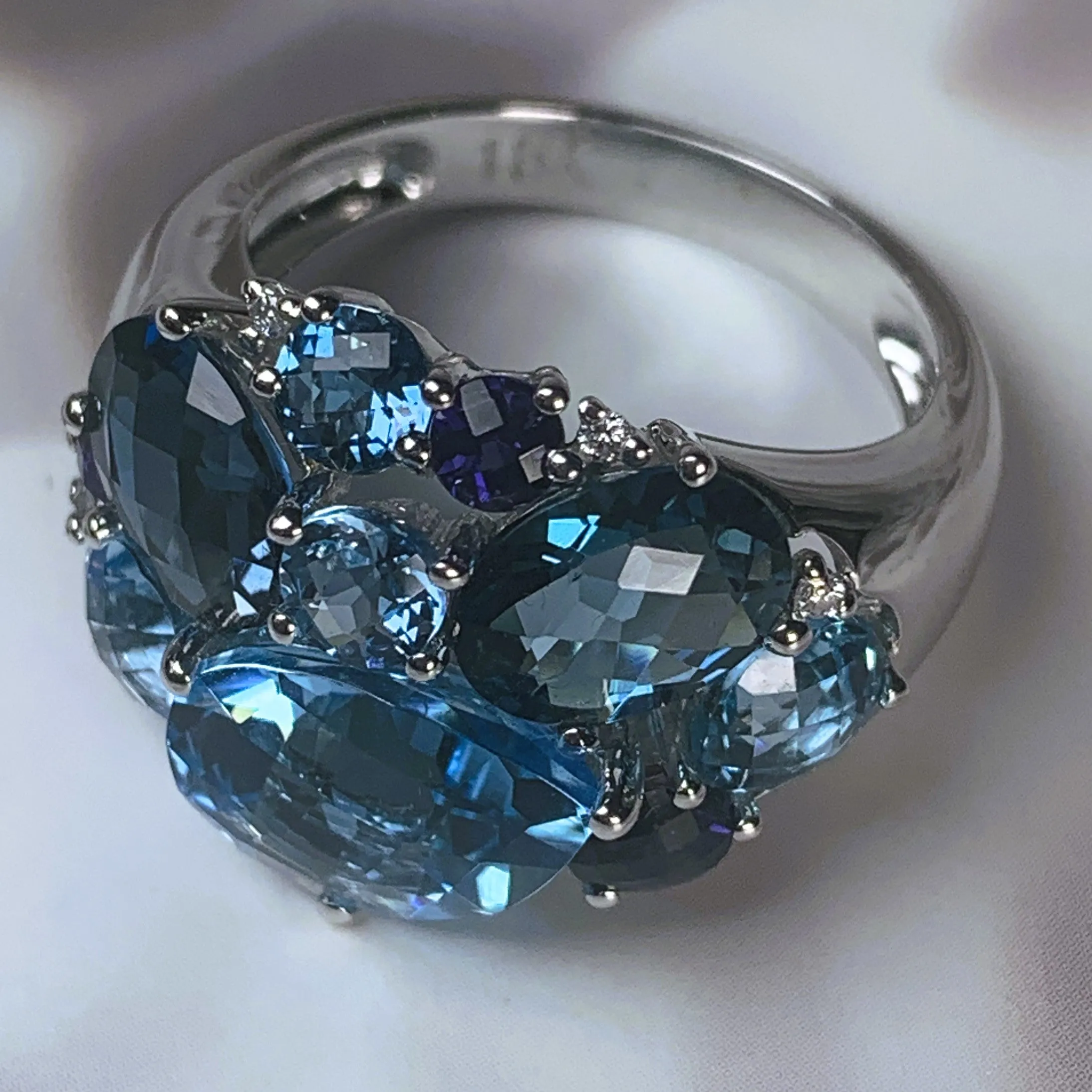 18kt White Gold cluster Blue Topaz, Iolite and Diamond ring