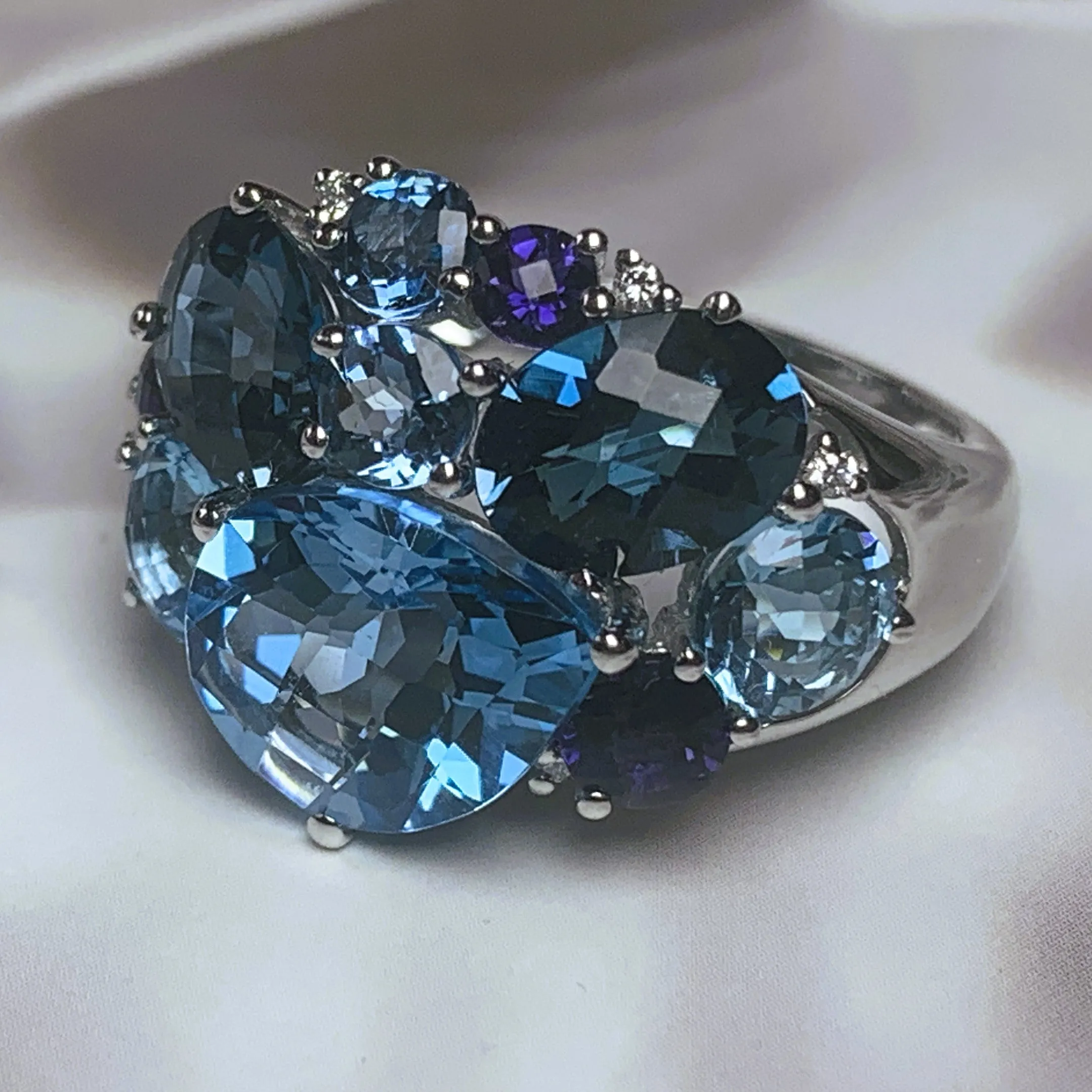 18kt White Gold cluster Blue Topaz, Iolite and Diamond ring