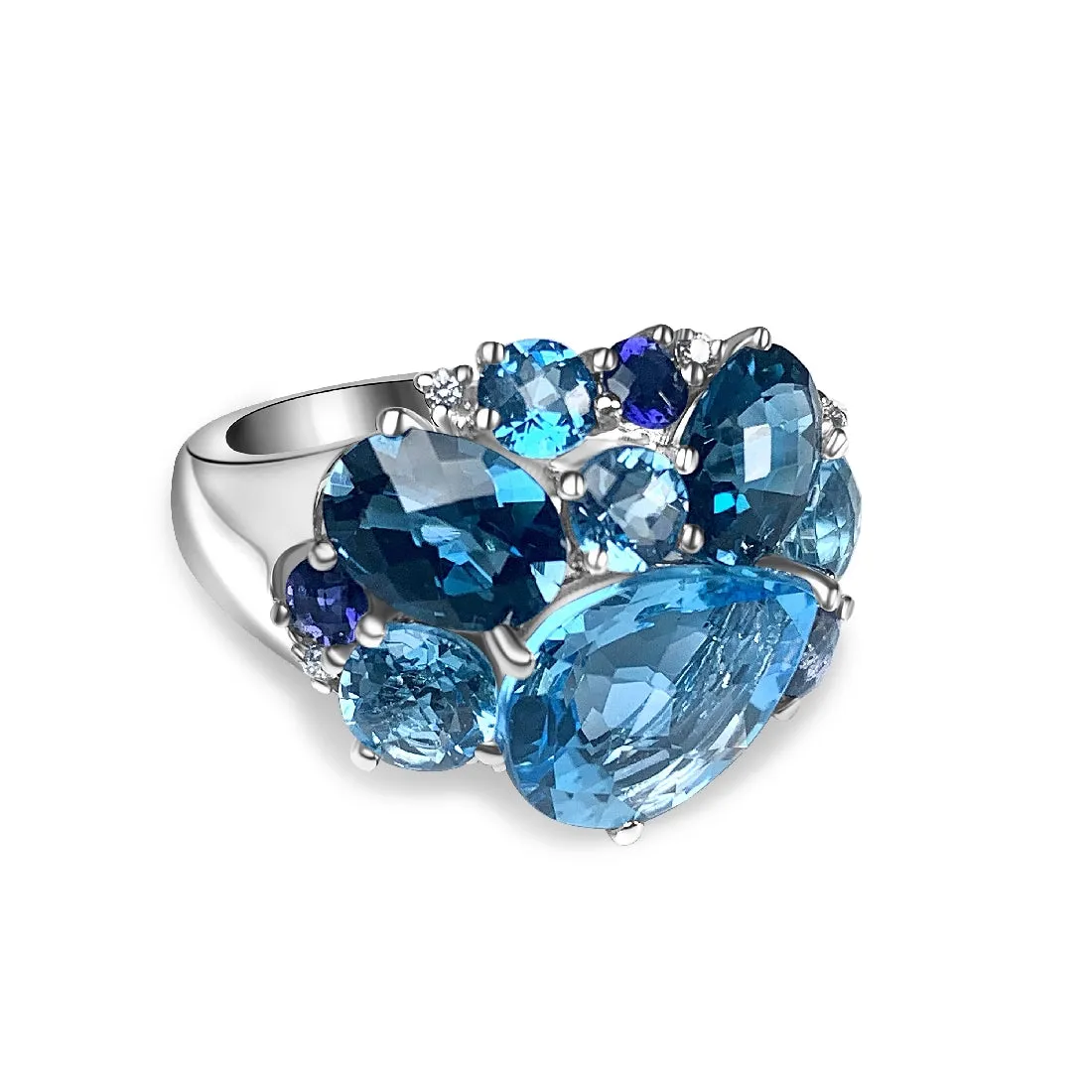 18kt White Gold cluster Blue Topaz, Iolite and Diamond ring