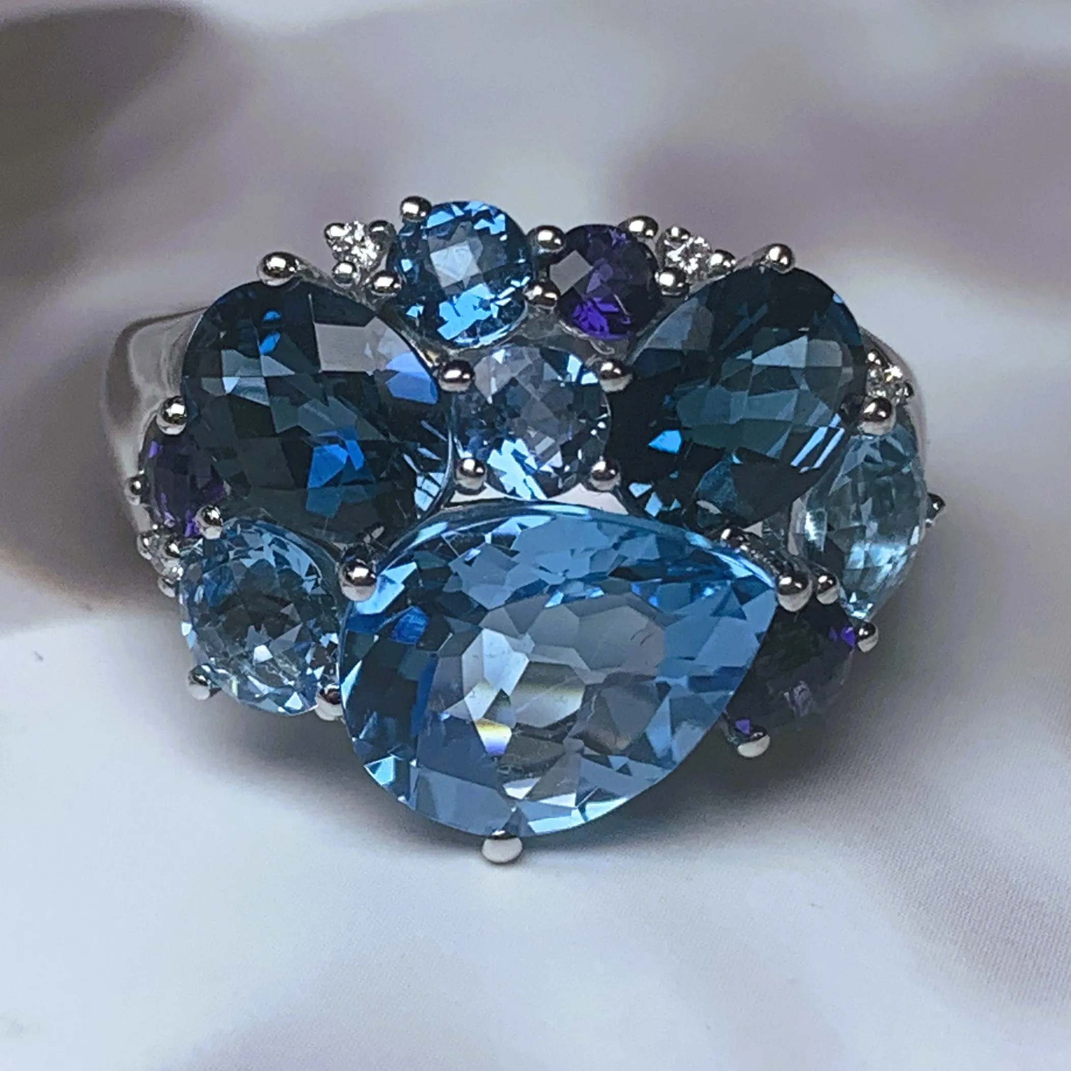 18kt White Gold cluster Blue Topaz, Iolite and Diamond ring