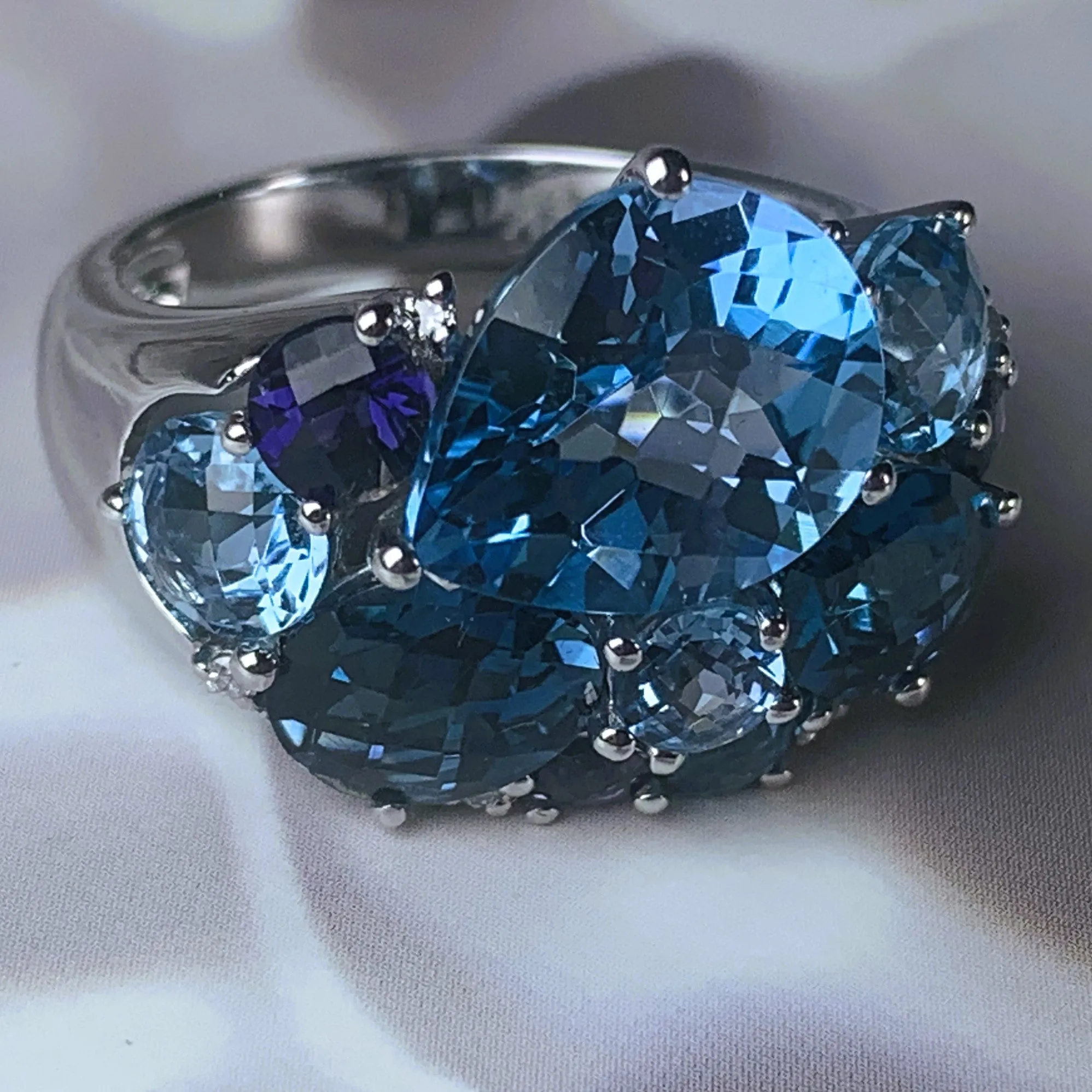 18kt White Gold cluster Blue Topaz, Iolite and Diamond ring