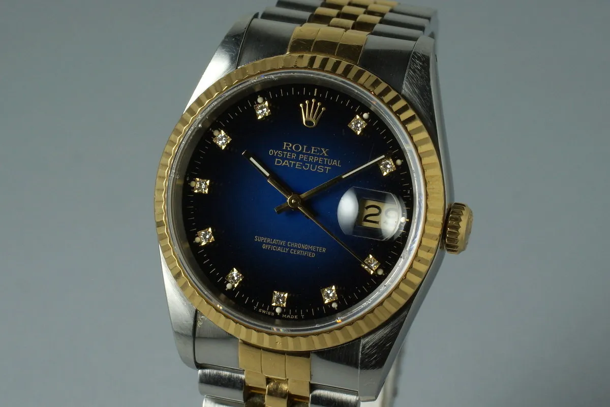 1988 Rolex Two Tone DateJust 16233 Factory Blue Vignette Diamond Dial with Box and Papers