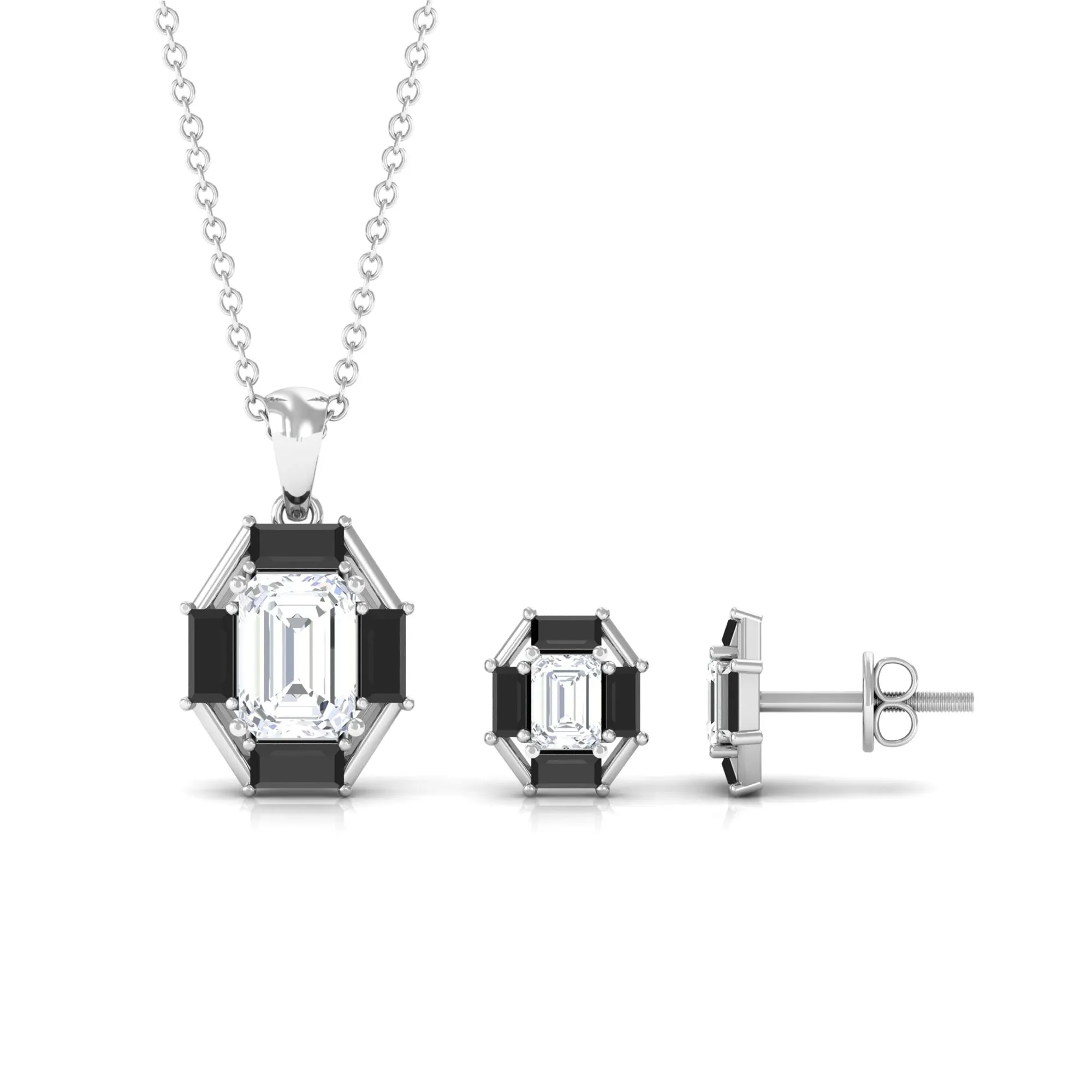 2 CT Art Deco Black Onyx and Moissanite Pendant Earrings Set