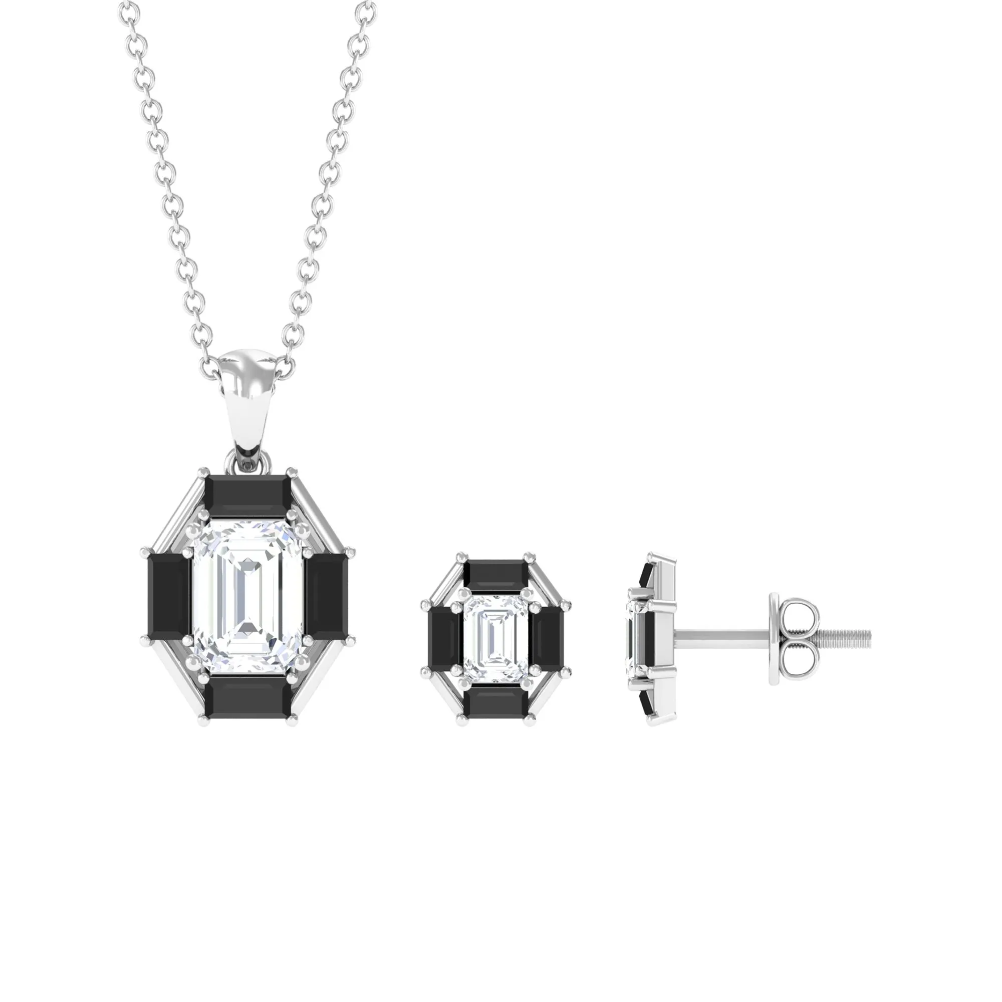 2 CT Art Deco Black Onyx and Moissanite Pendant Earrings Set