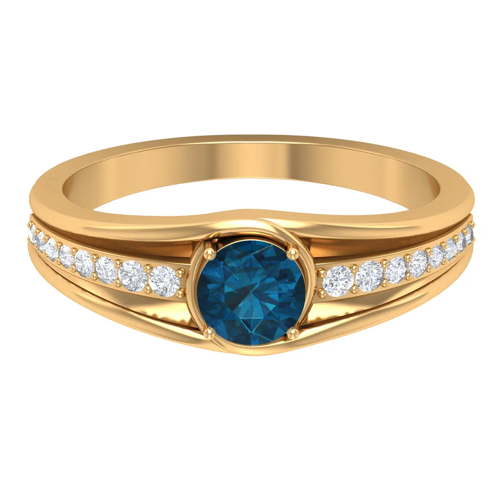 3/4 CT Round Shape London Blue Topaz Solitaire Ring with Diamond Side Stones