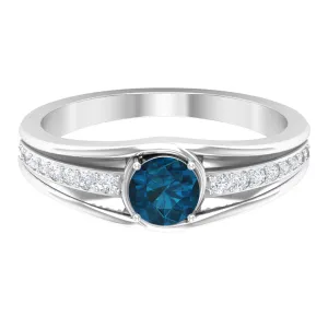 3/4 CT Round Shape London Blue Topaz Solitaire Ring with Diamond Side Stones