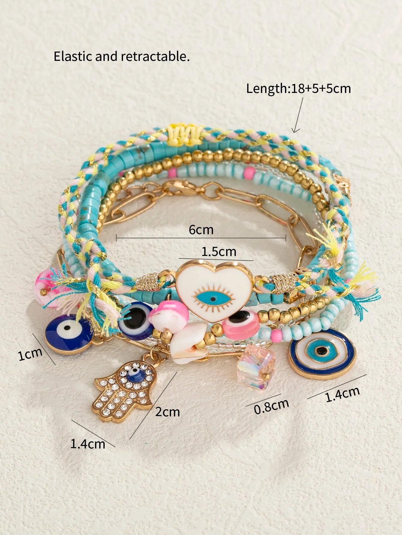 6pcs Turquoise Green Glass Beads Alloy Evil Eye Pendant Bracelet With Chain