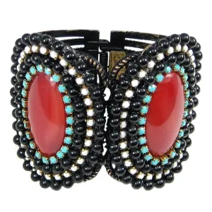 #892b Black Lacquered/Gold Cuff Bracelet With Red/Multi Color Detail