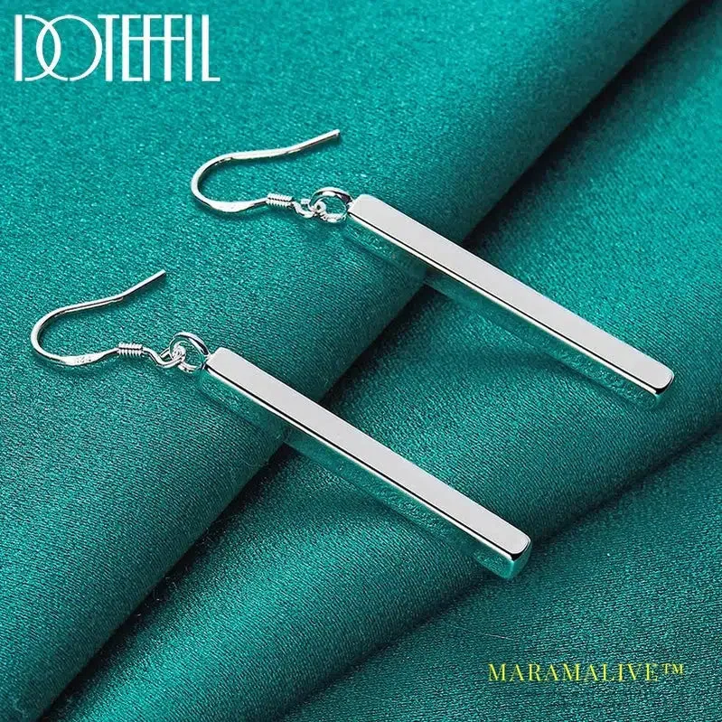 925 Sterling Silver Square Pillar Drop Earrings Women