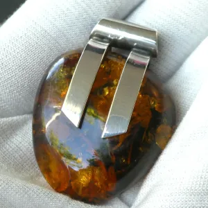 Amber Pendant, Large Freeform  Cabochon, 925 Sterling Silver